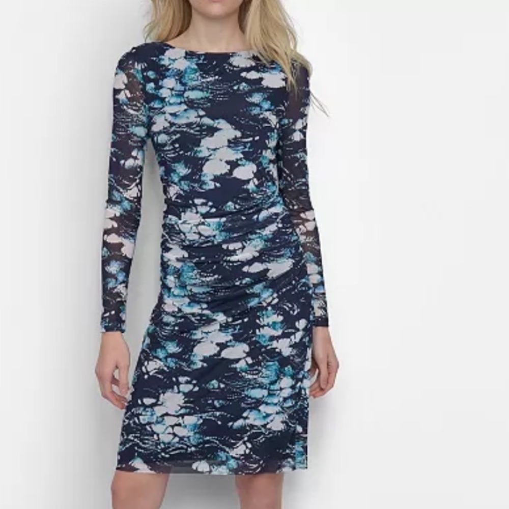 DKNY Mesh Sheath Dress Women Size 12 New Abstract Print Ruched Long Sleeve